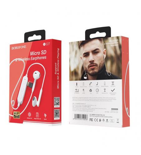 ÉCOUTEURS BLUETOOTH SANS FIL BOROFONE BE27 AVEC LECTEUR MICRO SD / BLANC 