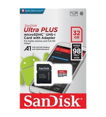 Globe Store GS - Carte Mémoire Sandisk ultra PLUS MicroSDHC 32Go 98Mo/seconde UHS-I avec adaptateur SD - N°1 du High-Tech en Tun