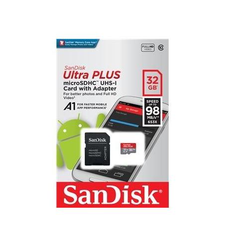 Carte Mémoire Sandisk ultra PLUS MicroSDHC 32Go 98Mo/seconde UHS-I avec adaptateur SD 